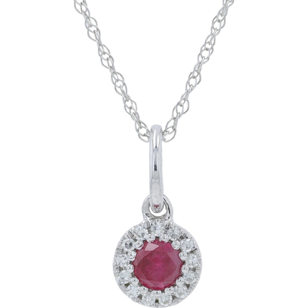 14K White Gold Halo Pendant Necklace with Round Ruby and Round Diamonds - 0.15-0.20 Carat Ruby and 0.04 Carat Diamond Total Weight