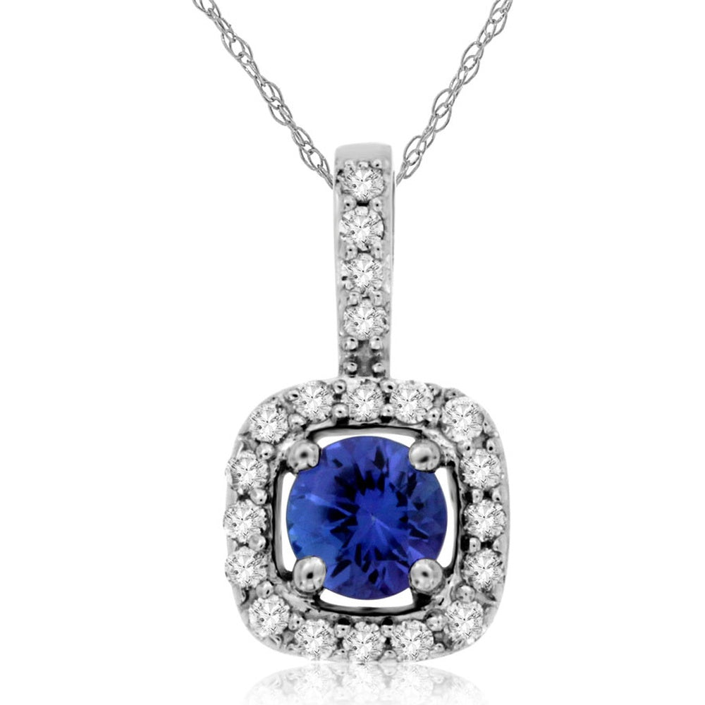 14K White Gold Halo Pendant Necklace with Round Tanzanite and 0.14 Carat Round Diamond Accents - 0.25 Carat Tanzanite Center Stone - Royal Jewelry