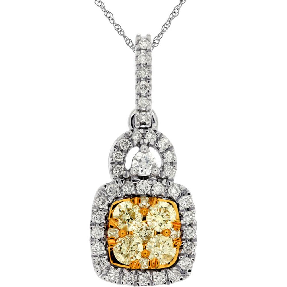 14K White Gold Halo Pendant with 0.45 Carat Yellow Diamond and 0.35 Carat White Diamonds