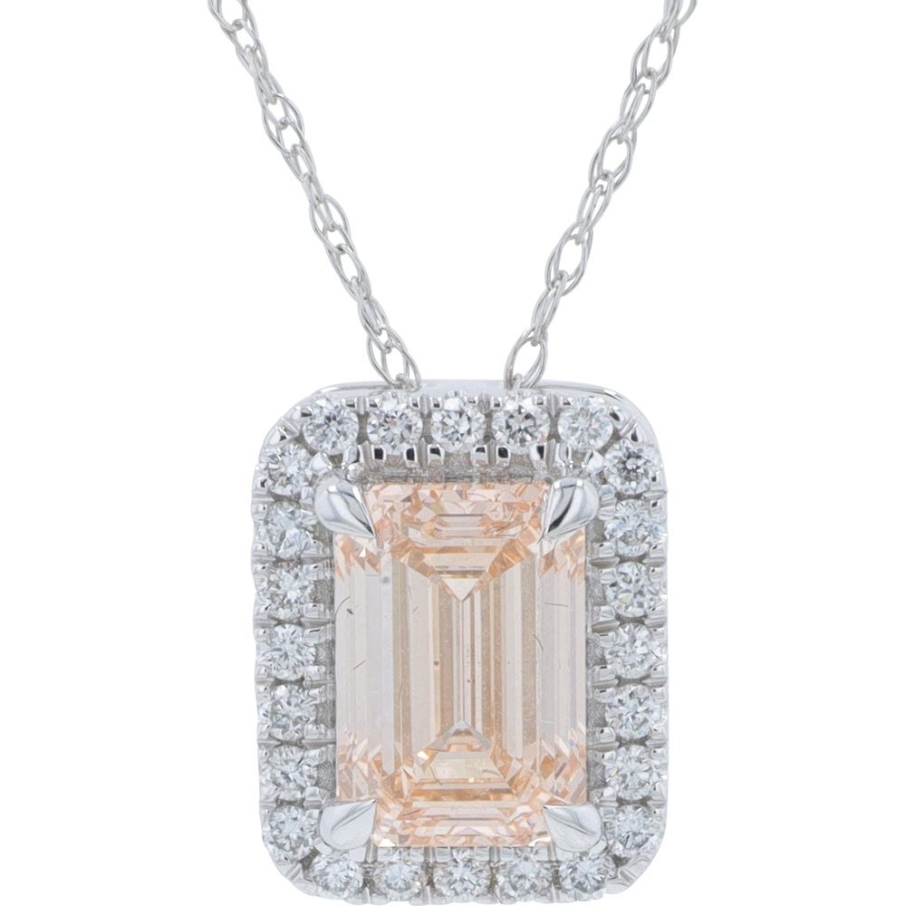 14K White Gold Halo Pendant with 0.88 Carat Pink Emerald Cut Lab-Grown Diamond and 1.00 Carat Total Diamond Weight