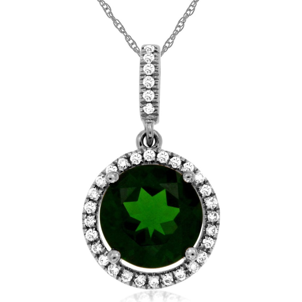 14K White Gold Halo Pendant with 2.00 Carat Round Russalite and 0.13 Carat Round Diamond Accents - Milgrain Detail Necklace - Royal Jewelry
