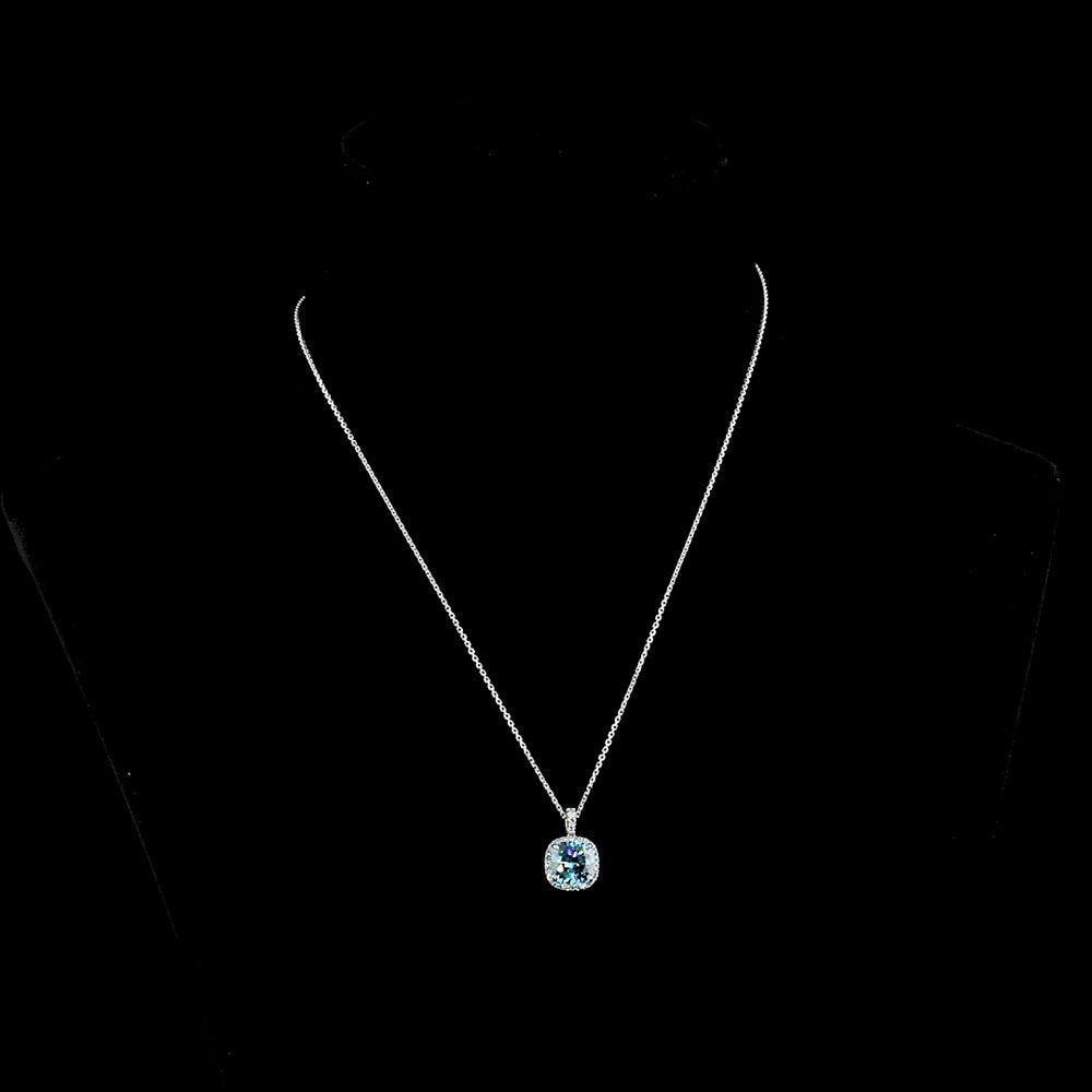 14K White Gold Halo Pendant with 2.74 Carat Cushion Modified Cut Fancy Vivid Blue Lab Diamond and 0.21 Carat Brilliant Cut Diamond Accents - IGI Certified - Covaloro Fine Jewelry