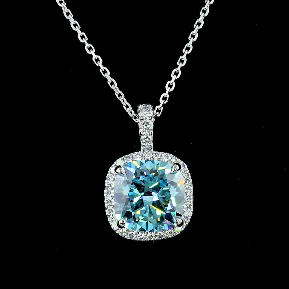 14K White Gold Halo Pendant with 2.74 Carat Cushion Modified Cut Fancy Vivid Blue Lab Diamond and 0.21 Carat Brilliant Cut Diamond Accents - IGI Certified - Covaloro Fine Jewelry