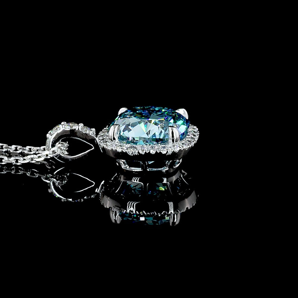 14K White Gold Halo Pendant with 2.74 Carat Cushion Modified Cut Fancy Vivid Blue Lab Diamond and 0.21 Carat Brilliant Cut Diamond Accents - IGI Certified - Covaloro Fine Jewelry