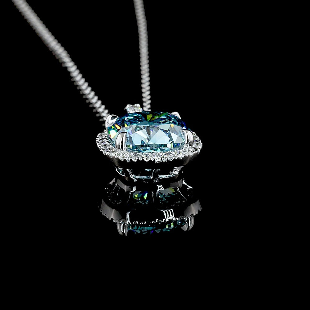 14K White Gold Halo Pendant with 2.74 Carat Cushion Modified Cut Fancy Vivid Blue Lab Diamond and 0.21 Carat Brilliant Cut Diamond Accents - IGI Certified - Covaloro Fine Jewelry