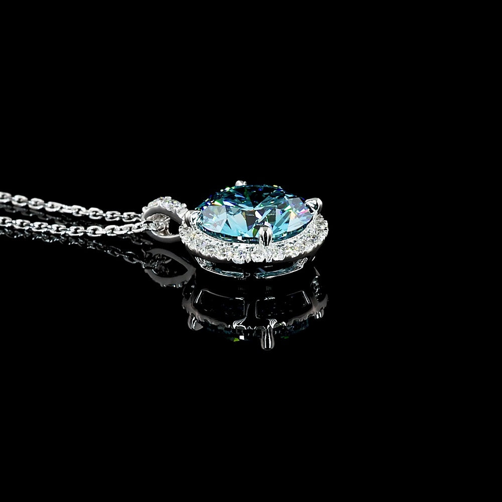 14K White Gold Halo Pendant with 3.09 Carat Fancy Vivid Blue Lab Grown Diamond and 0.30 Carat White Diamond Accents - Total 3.39 Carats - Covaloro Fine Jewelry