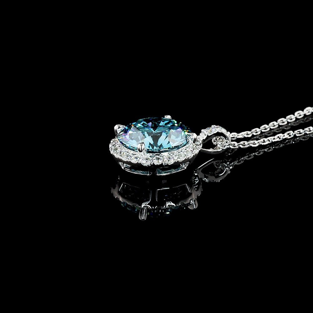 14K White Gold Halo Pendant with 3.09 Carat Fancy Vivid Blue Lab Grown Diamond and 0.30 Carat White Diamond Accents - Total 3.39 Carats - Covaloro Fine Jewelry