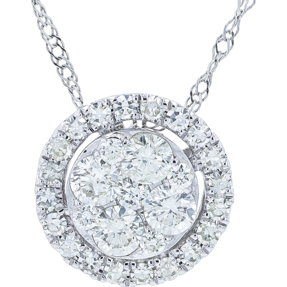 14K White Gold Halo Pendant with Cluster Set Round Diamonds - 0.50 Carat Total Diamond Weight
