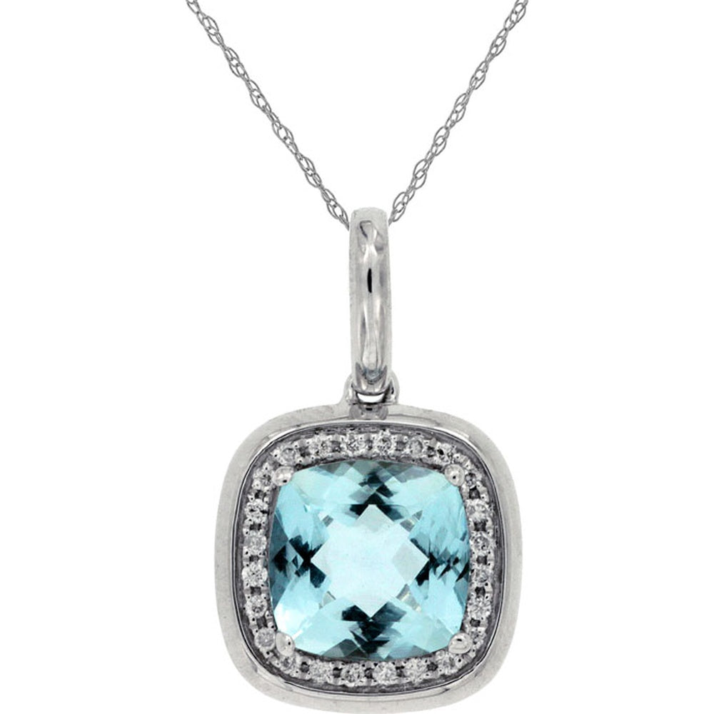 14K White Gold Halo Pendant with Cushion Cut Aquamarine and Round Diamonds - 1.35 Carat Aquamarine and 0.08 Carat Total Diamond Weight - Royal Jewelry