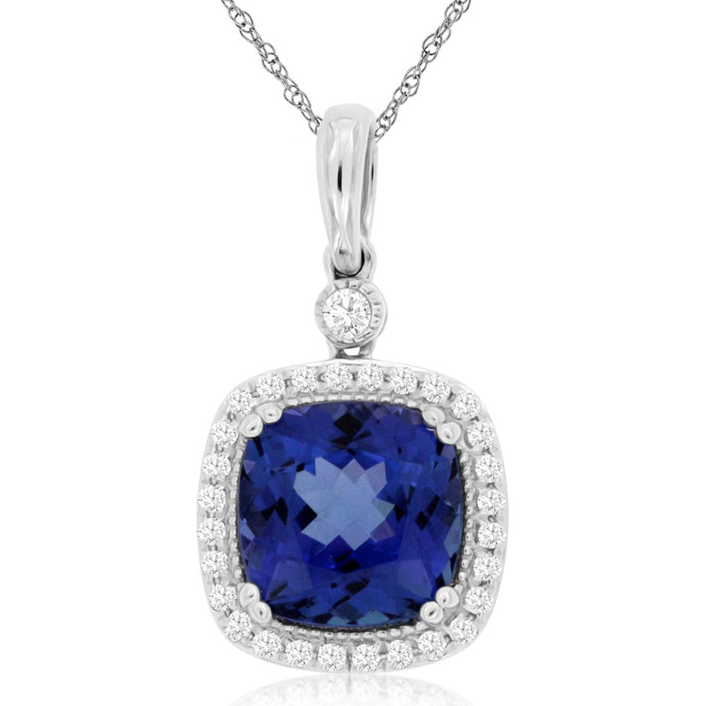 14K White Gold Halo Pendant with Cushion Cut Tanzanite and Round Diamond Accents - 2.60 Carat Tanzanite and 0.18 Carat Total Diamond Weight - Royal Jewelry
