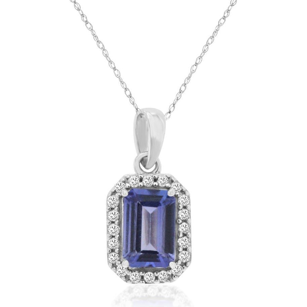 14K White Gold Halo Pendant with Emerald-Cut Tanzanite and Round Diamond Accents - 0.60 Carat Tanzanite and 0.09 Carat Total Diamond Weight - Royal Jewelry