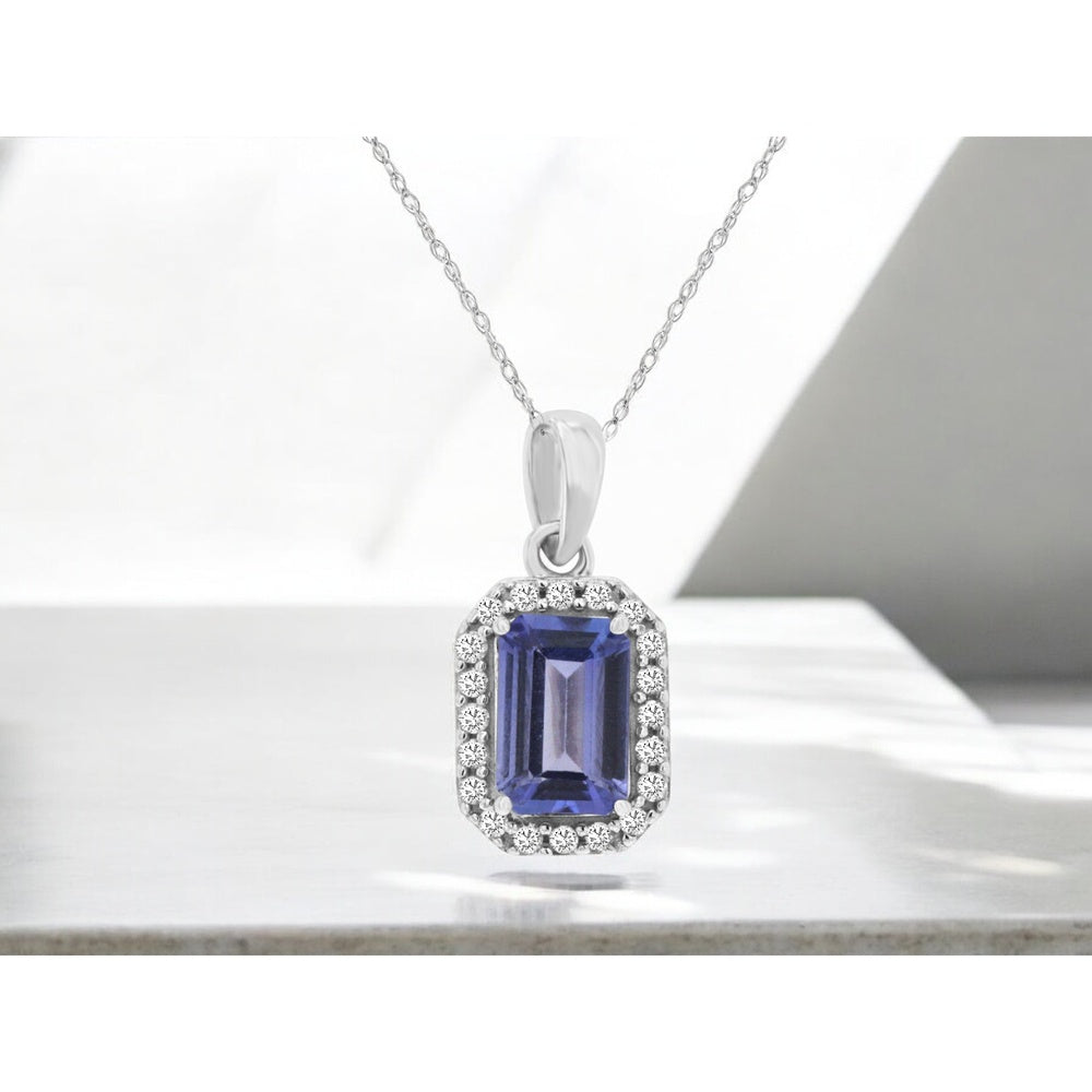 14K White Gold Halo Pendant with Emerald-Cut Tanzanite and Round Diamond Accents - 0.60 Carat Tanzanite and 0.09 Carat Total Diamond Weight - Royal Jewelry