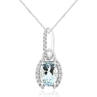 14K White Gold Halo Pendant with Oval Aquamarine and Pavé Diamond Accents - 0.68 Carat Aquamarine and 0.10 Carat Total Diamond Weight - Royal Jewelry