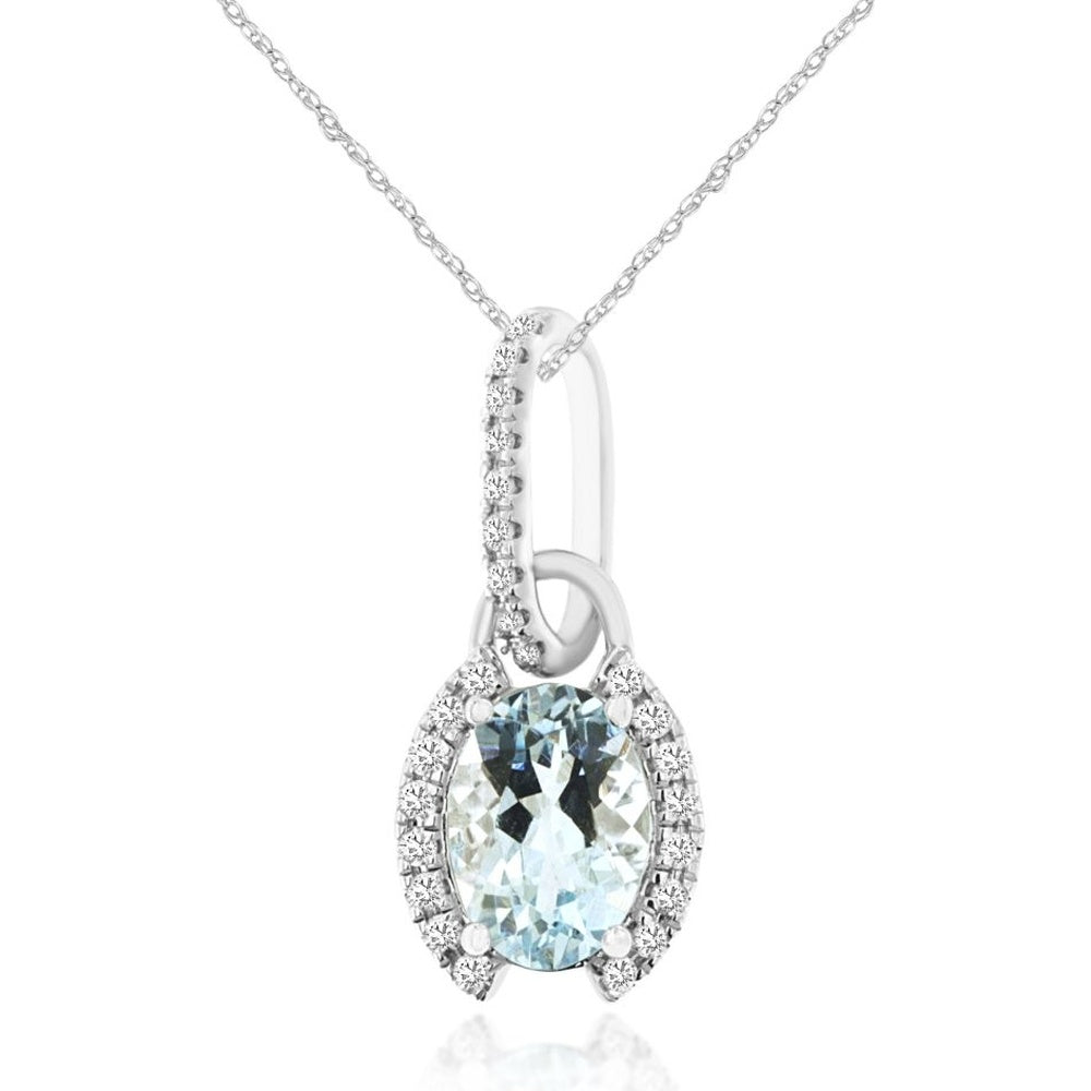 14K White Gold Halo Pendant with Oval Aquamarine and Pavé Diamond Accents - 0.68 Carat Aquamarine and 0.10 Carat Total Diamond Weight - Royal Jewelry