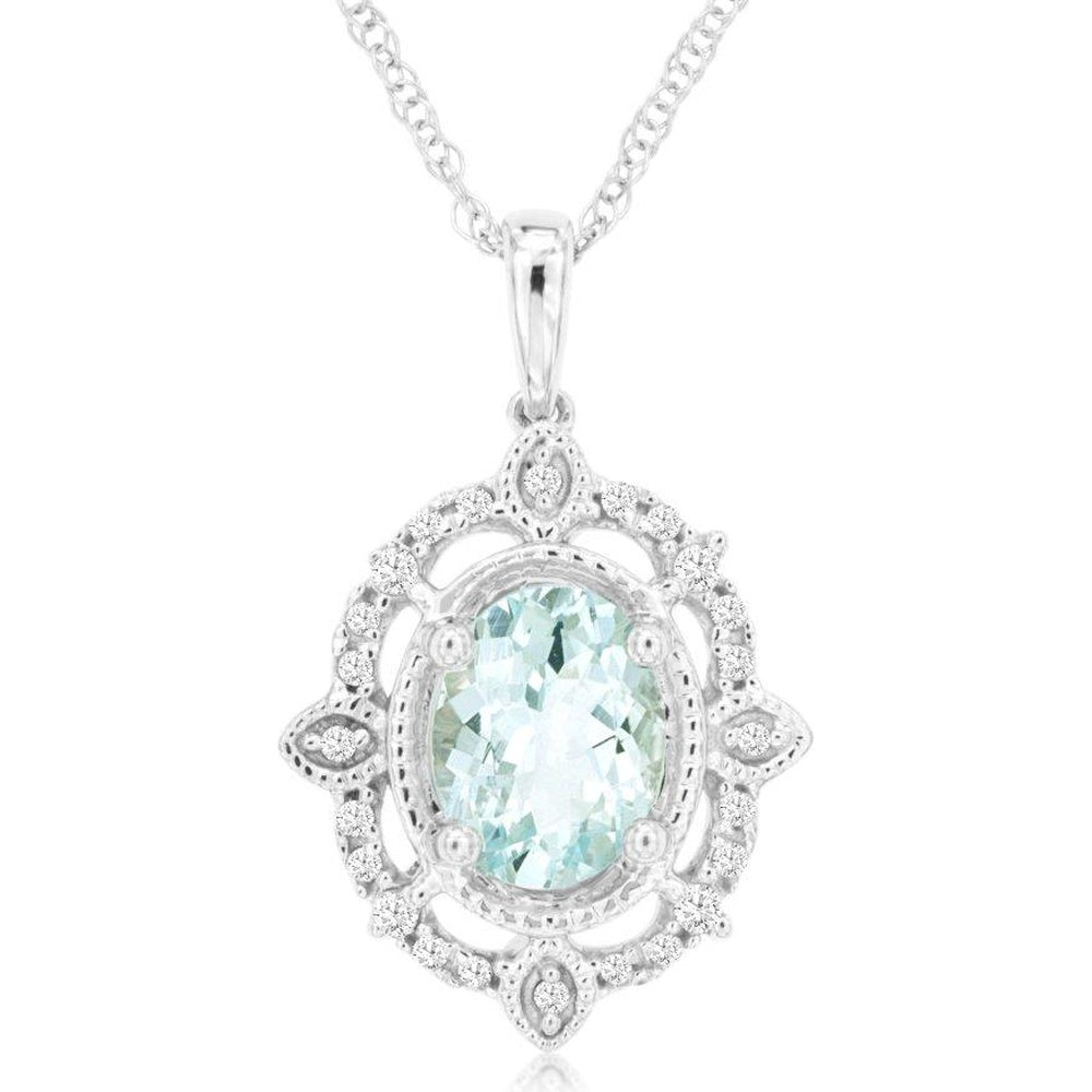 14K White Gold Halo Pendant with Oval Aquamarine and Prong-Set Round Diamonds - 1.10 Carat Aquamarine and 0.12 Carat Total Diamond Weight - Royal Jewelry