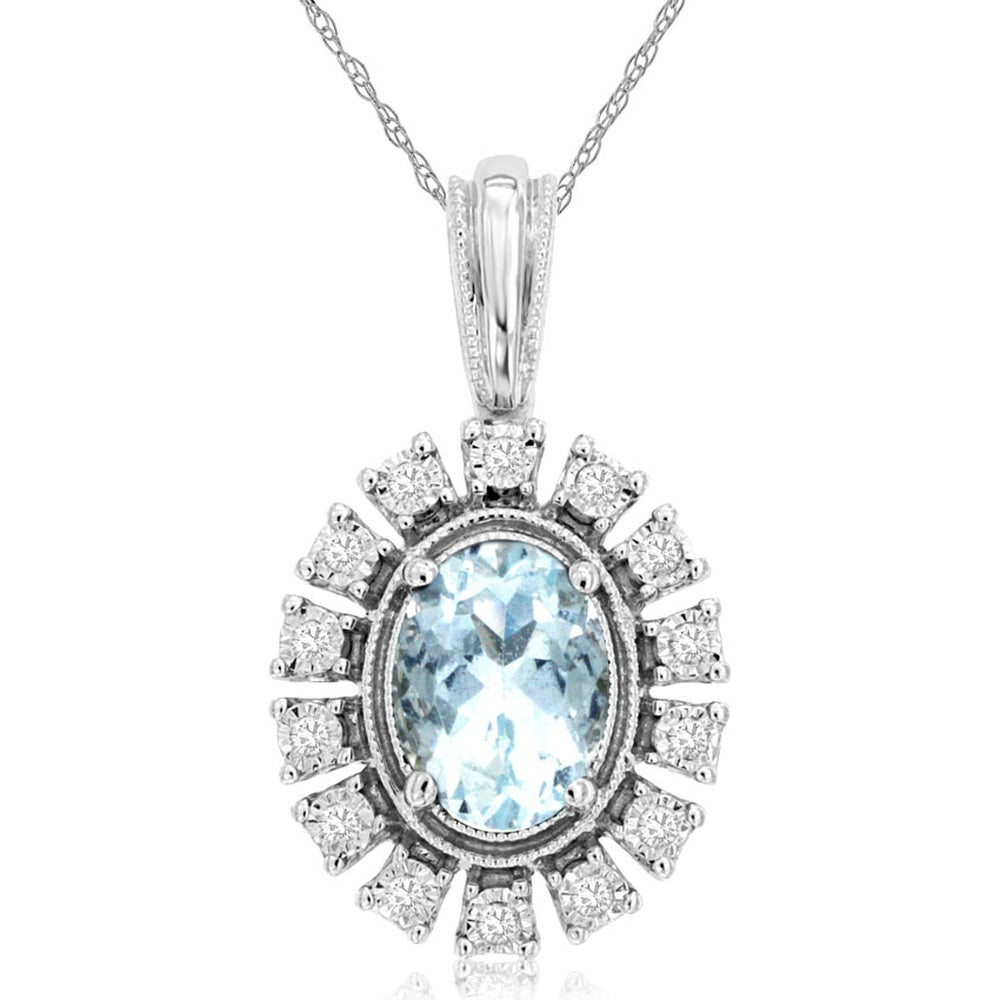 14K White Gold Halo Pendant with Oval Aquamarine and Round Diamond Accents - 0.68 Carat Aquamarine and 0.07 Carat Total Diamond Weight - Royal Jewelry