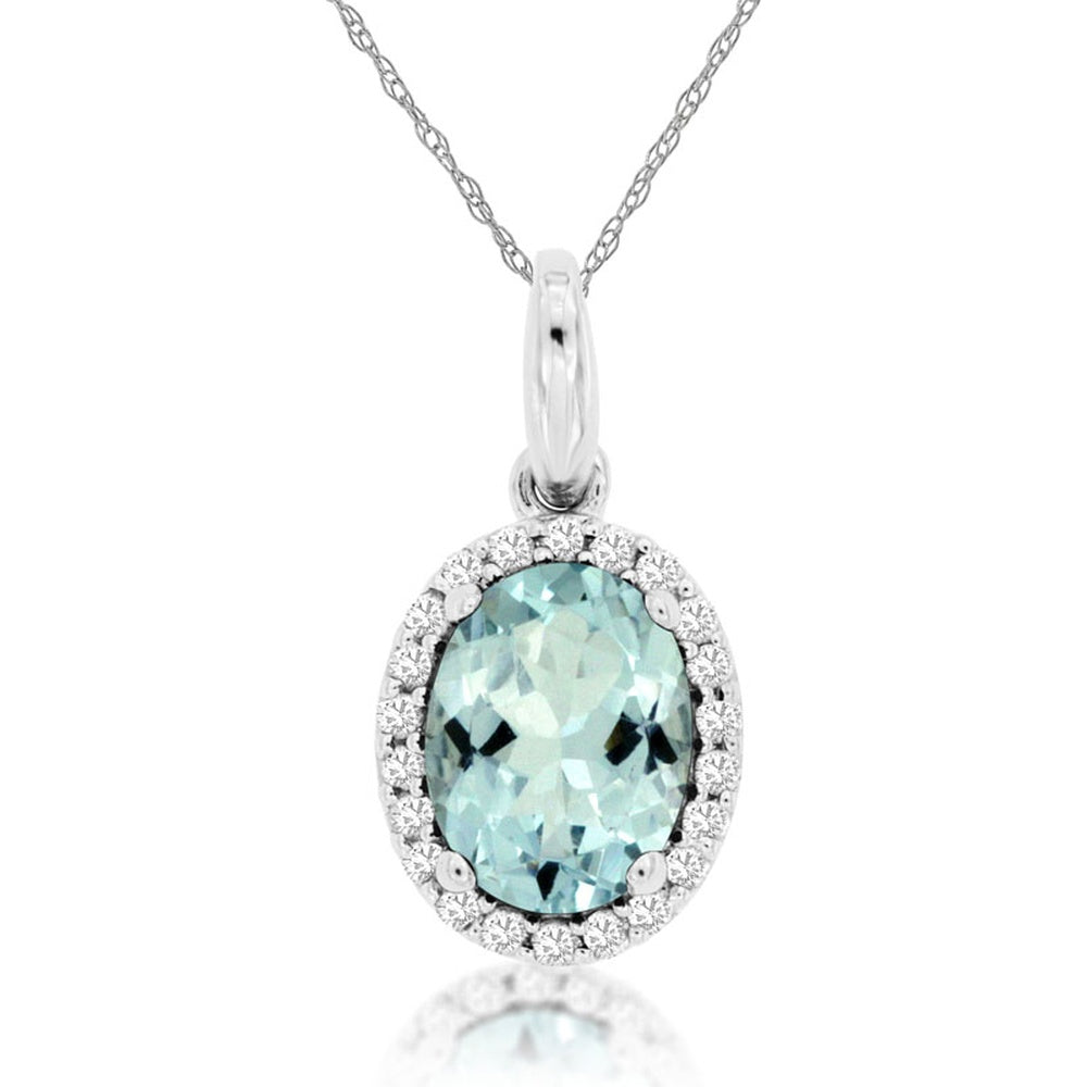 14K White Gold Halo Pendant with Oval Aquamarine and Round Diamond Accents - 1.10 Carat Aquamarine and 0.14 Carat Total Diamond Weight - Royal Jewelry