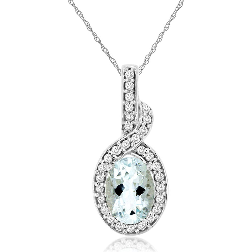 14K White Gold Halo Pendant with Oval Aquamarine and Round Diamonds - 0.68 Carat Aquamarine and 0.12 Carat Diamond Total Weight - Royal Jewelry