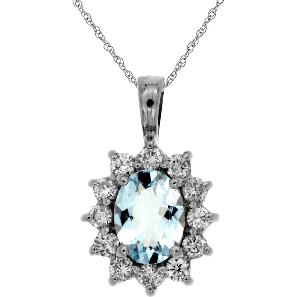 14K White Gold Halo Pendant with Oval Aquamarine and Round Diamonds - 1.10 Carat Aquamarine and 0.63 Carat Diamond Total Weight - Royal Jewelry