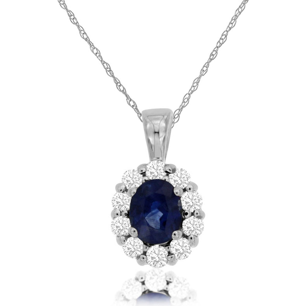 14K White Gold Halo Pendant with Oval Blue Sapphire and Round Diamonds - 0.44 Carat Sapphire and 0.20 Carat Total Diamond Weight - Royal Jewelry