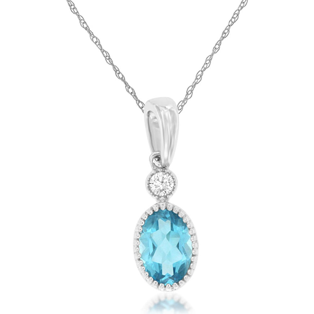 14K White Gold Halo Pendant with Oval Blue Topaz and Round Diamond Accent - 0.55 Carat Blue Topaz and 0.03 Carat Diamond Total Weight - Royal Jewelry