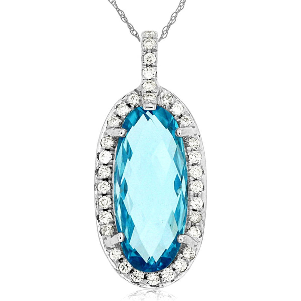 14K White Gold Halo Pendant with Oval-Cut Blue Topaz and Pavé-Set Diamonds - 4.00 Carat Total Blue Topaz Weight and 0.17 Carat Total Diamond Weight - Royal Jewelry