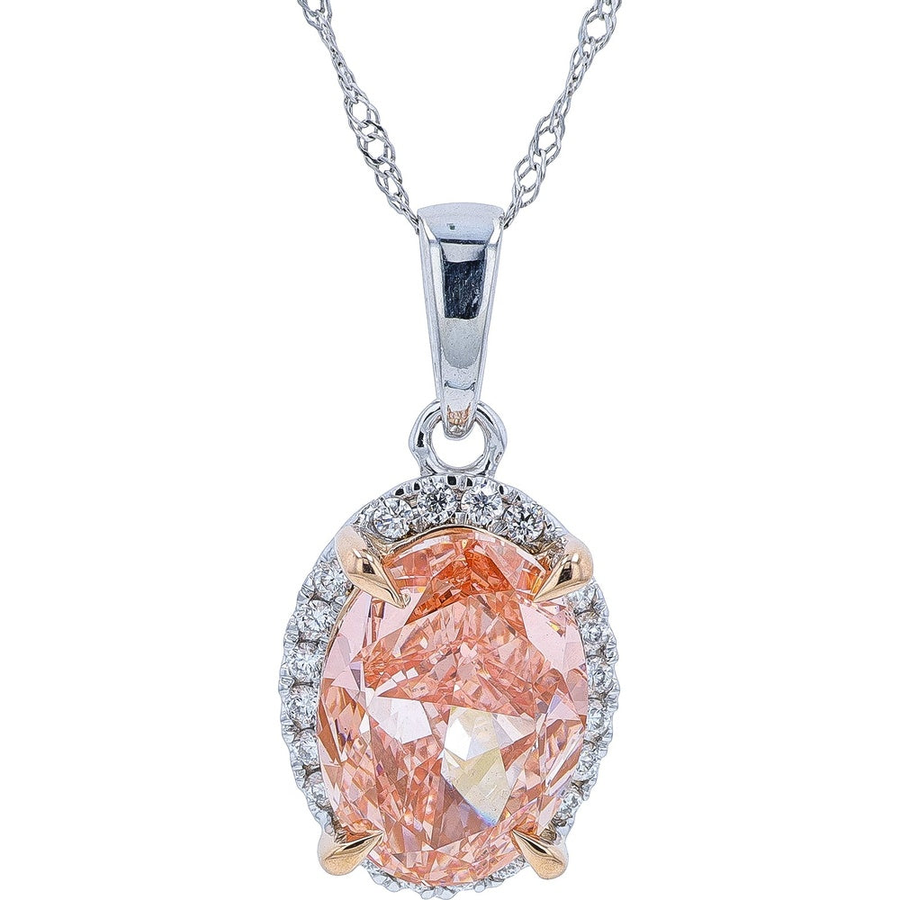 14K White Gold Halo Pendant with Oval Cut Peach Lab-Grown Diamond and Rose Gold Prongs - 3.00 Carat Total Diamond Weight