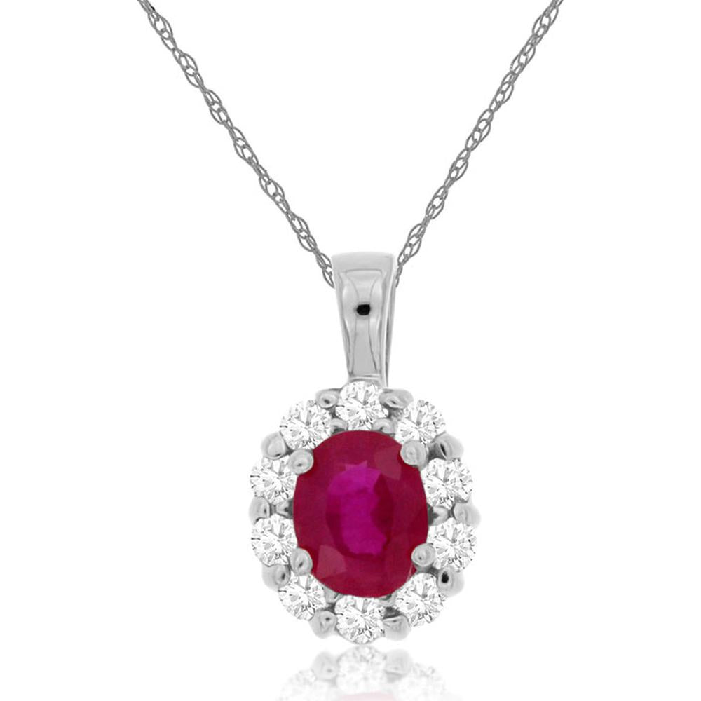 14K White Gold Halo Pendant with Oval-Cut Ruby and Round-Cut Diamond Accents - 0.60 Carat Total Gem Weight - Royal Jewelry