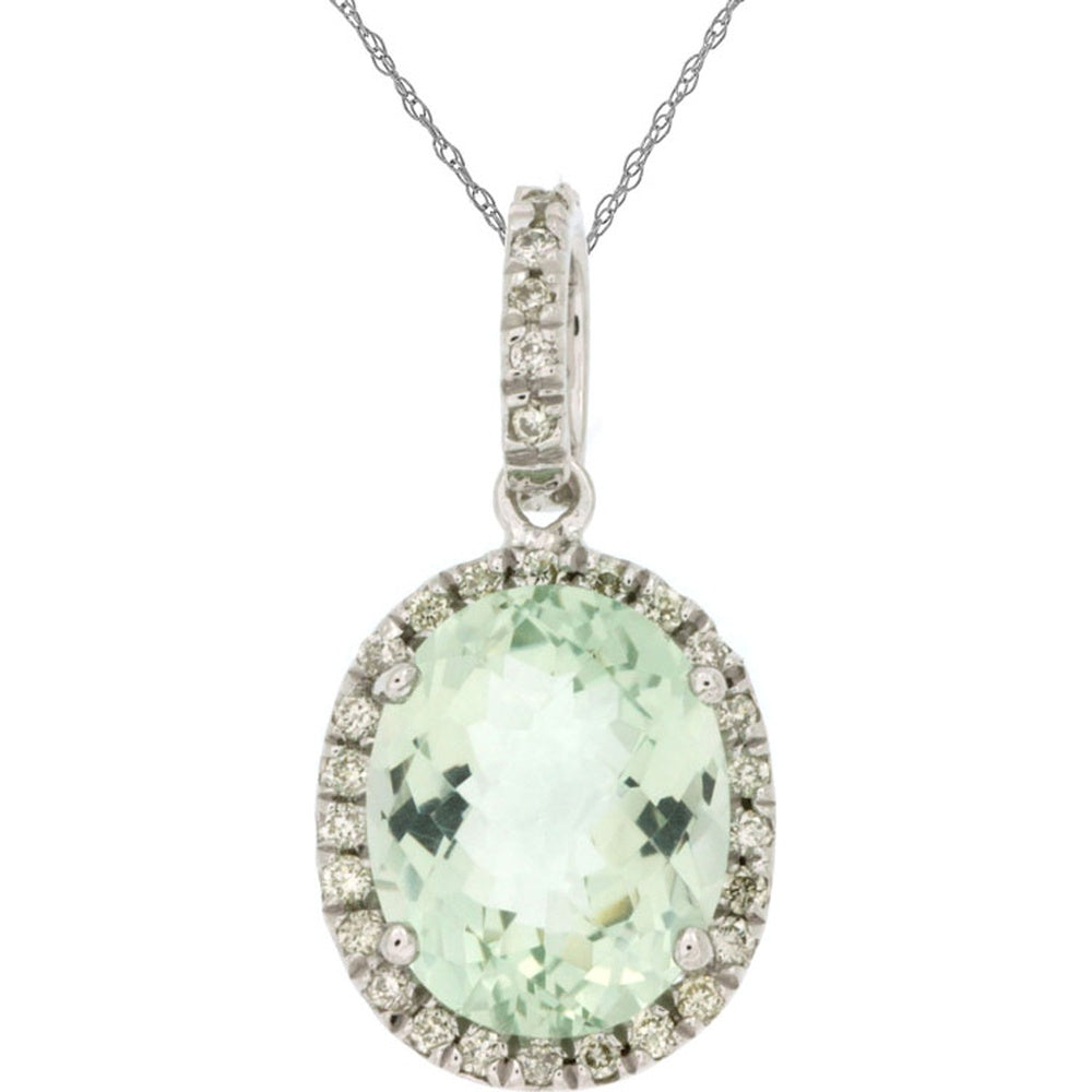 14K White Gold Halo Pendant with Oval Green Amethyst and Round Diamond Accents - 2.50 Carat Green Amethyst and 0.18 Carat Total Diamond Weight - Royal Jewelry
