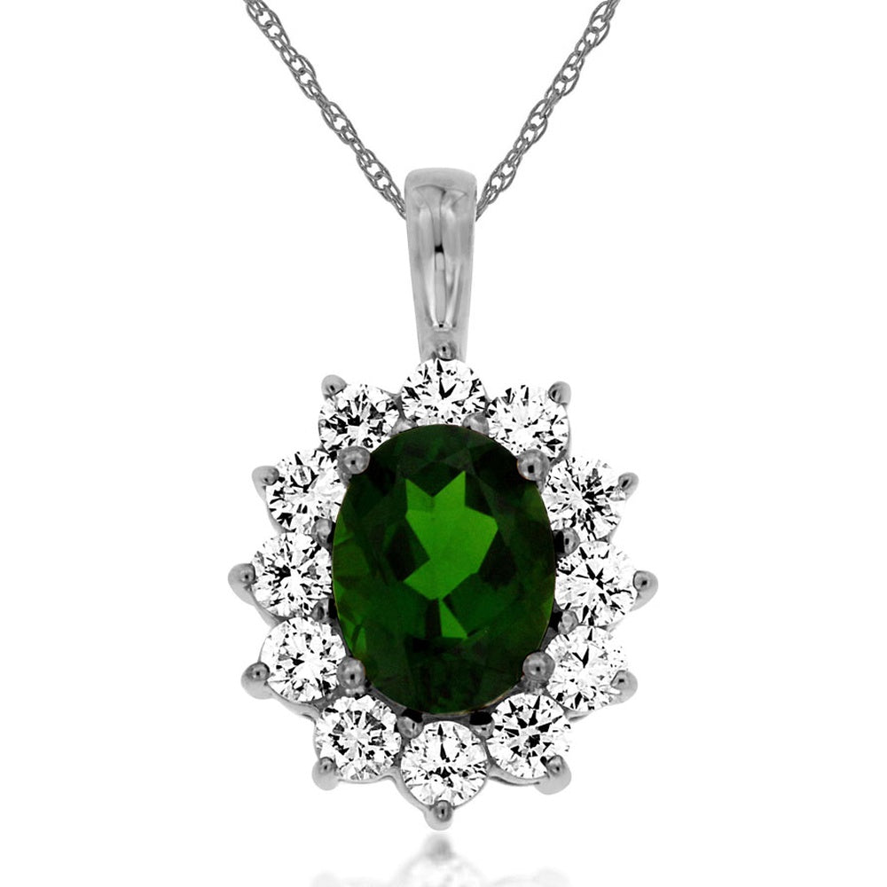 14K White Gold Halo Pendant with Oval Green Russalite and Round Diamond Accents - 2.00 Carat Russalite and 1.00 Carat Total Diamond Weight - Royal Jewelry