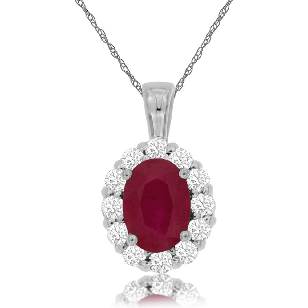 14K White Gold Halo Pendant with Oval Ruby and Round Diamonds - 0.90 Carat Ruby and 0.30 Carat Diamond Total Weight - Royal Jewelry