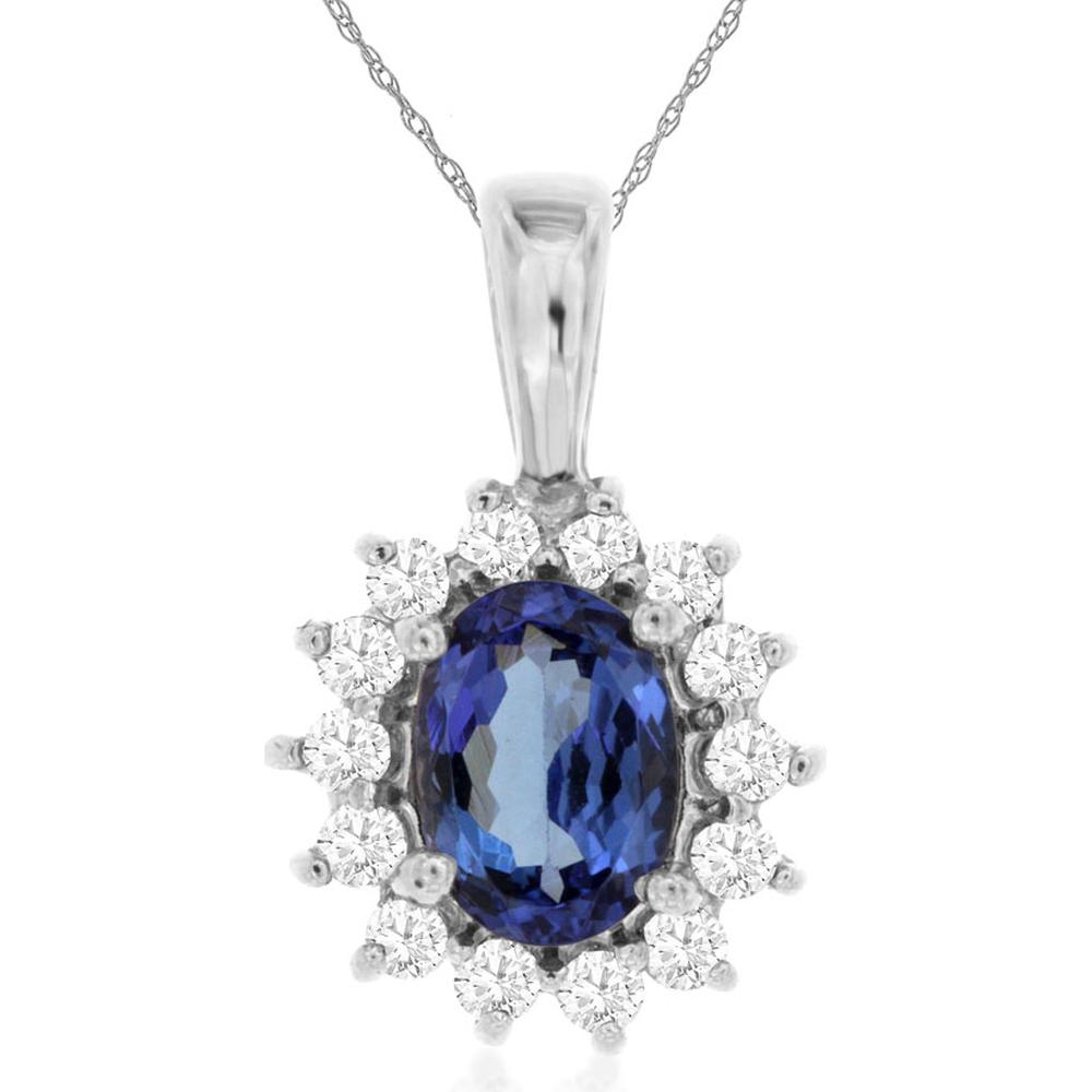 14K White Gold Halo Pendant with Oval Tanzanite and Round Diamond Accents - 0.75 Carat Tanzanite, 0.30 Carat Total Diamond Weight - Royal Jewelry
