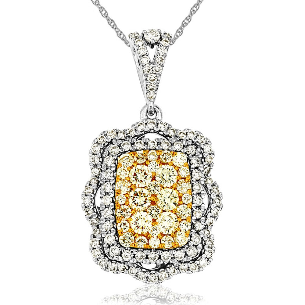 14K White Gold Halo Pendant with Pavé Yellow Diamond Cluster and White Diamond Scalloped Border - 0.85 Carat Yellow Diamond and 0.76 Carat White Diamond Total Weight - Royal Jewelry