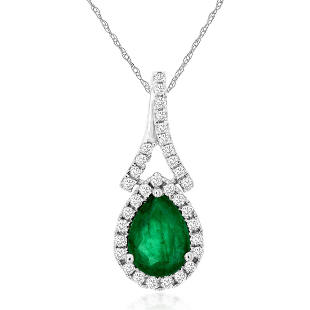 14K White Gold Halo Pendant with Pear-Shaped Emerald and Round Diamond Accents - 0.68 Carat Emerald and 0.15 Carat Total Diamond Weight - Royal Jewelry