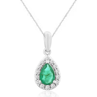 14K White Gold Halo Pendant with Pear-Shaped Emerald and Round Diamonds - 0.38 Carat Emerald and 0.12 Carat Total Diamond Weight - Royal Jewelry