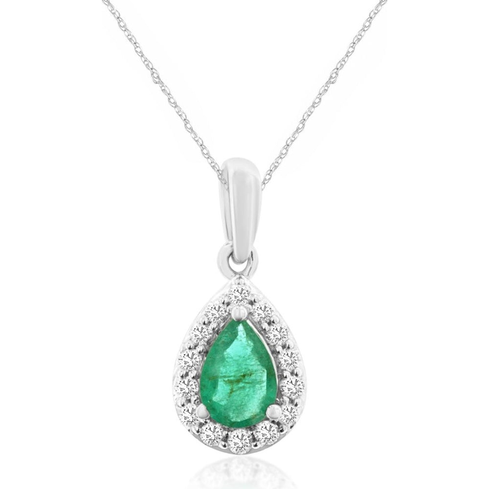14K White Gold Halo Pendant with Pear-Shaped Emerald and Round Diamonds - 0.38 Carat Emerald and 0.12 Carat Total Diamond Weight - Royal Jewelry