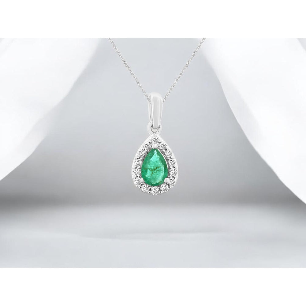 14K White Gold Halo Pendant with Pear-Shaped Emerald and Round Diamonds - 0.38 Carat Emerald and 0.12 Carat Total Diamond Weight - Royal Jewelry