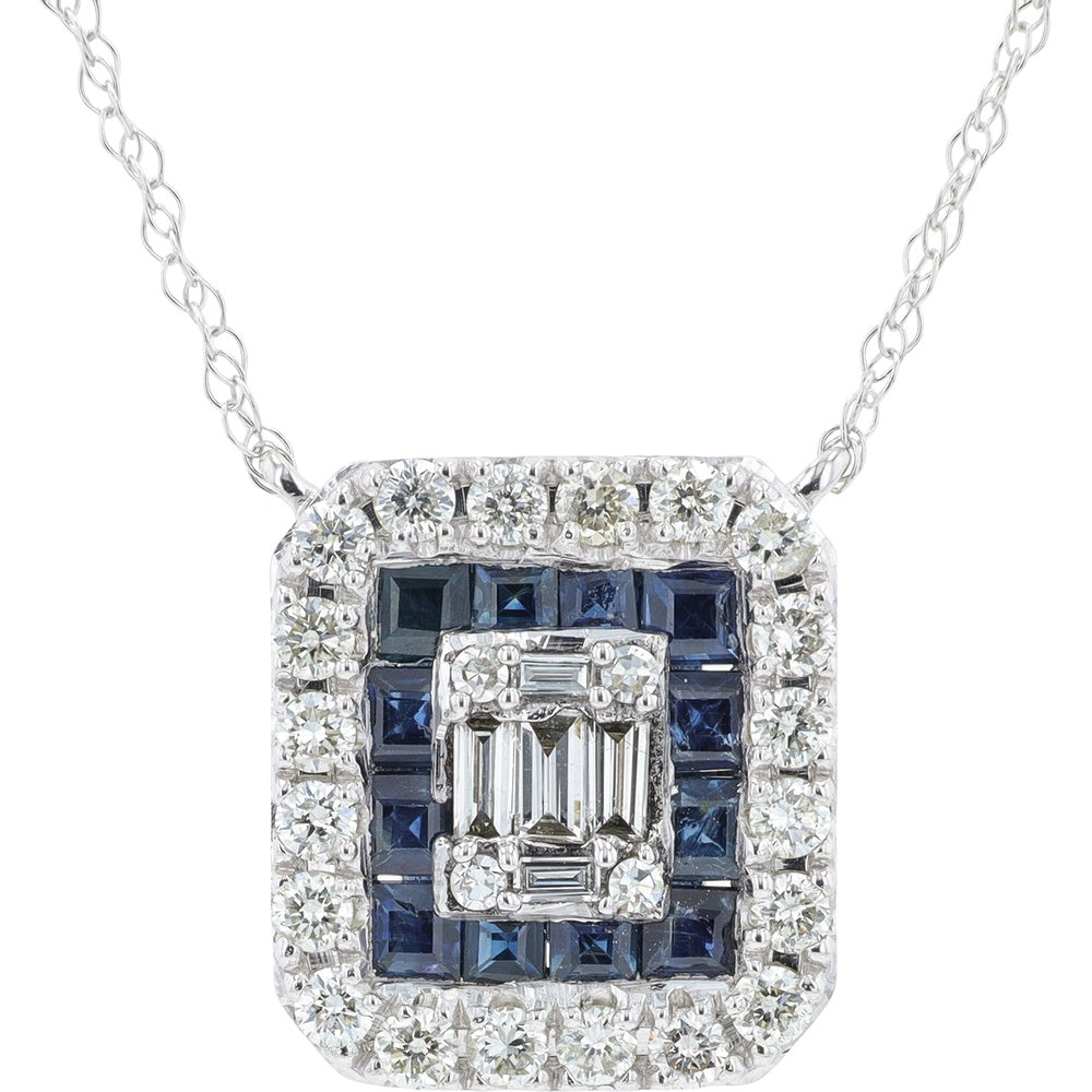 14K White Gold Halo Pendant with Princess Cut Sapphires and Round Diamonds - 0.80 Carat Total Sapphire Weight and 0.50 Carat Total Diamond Weight