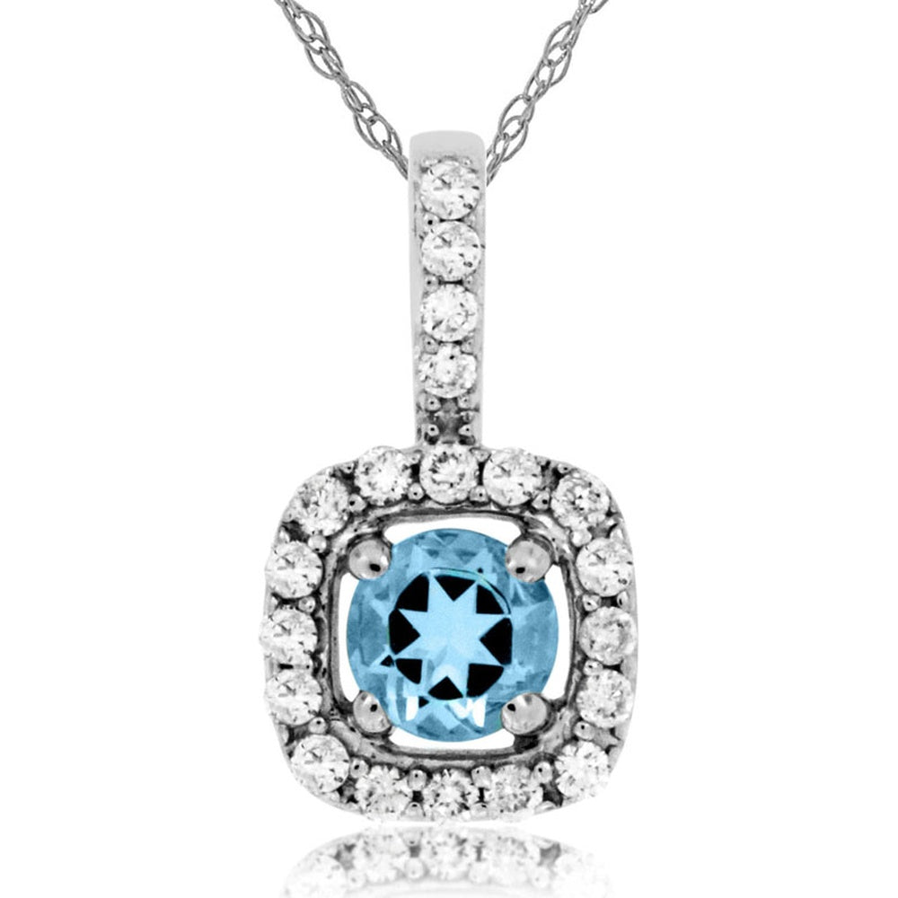 14K White Gold Halo Pendant with Round Aquamarine and Diamond Accents - 0.25 Carat Aquamarine and 0.14 Carat Total Diamond Weight - Royal Jewelry