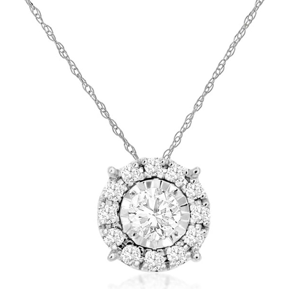 14K White Gold Halo Pendant with Round Brilliant Cut Center Diamond and Accent Stones - 0.25 Carat Total Diamond Weight - Royal Jewelry