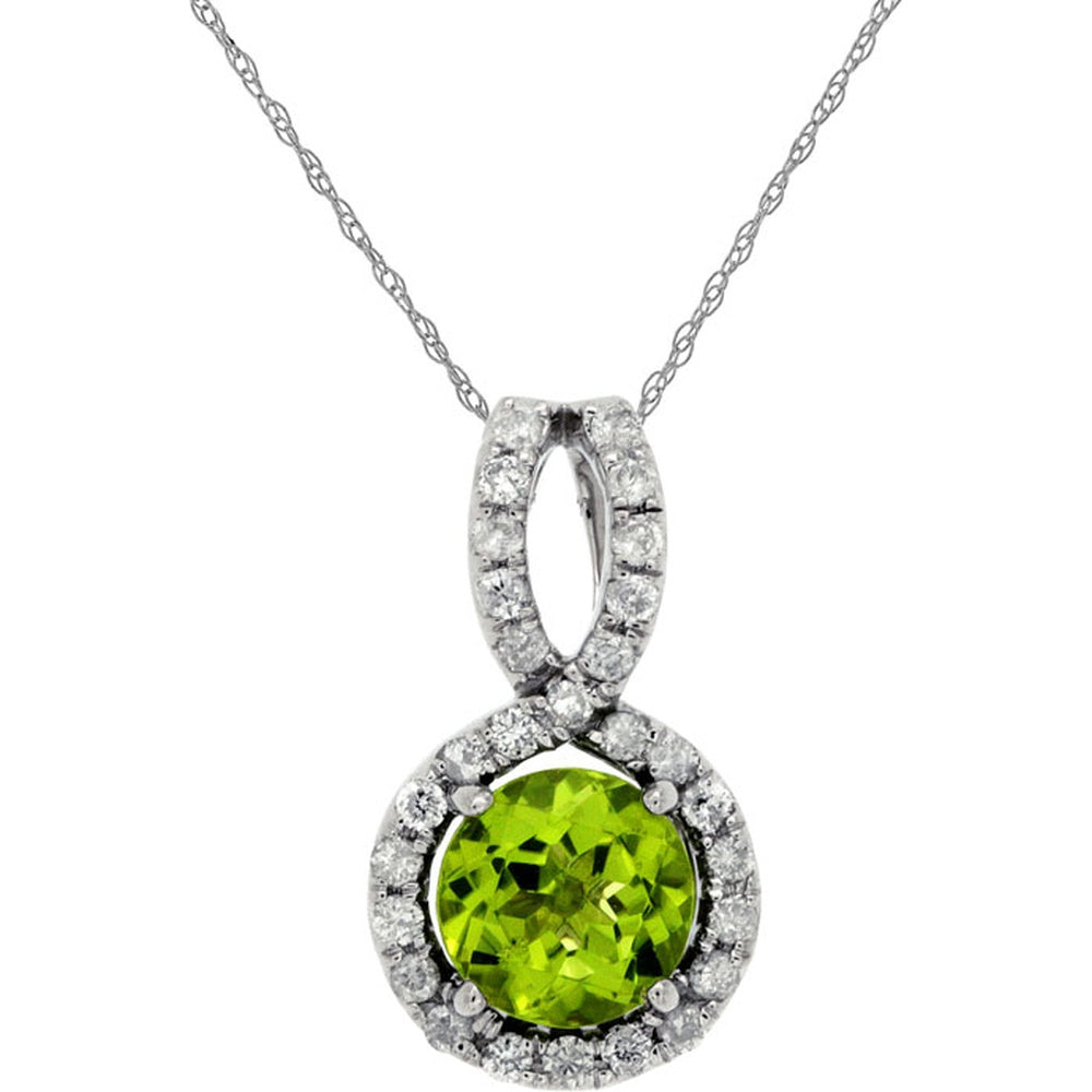 14K White Gold Halo Pendant with Round Cut Peridot and 0.20 Carat Diamond Accents - 0.95 Carat Total Peridot Weight - Royal Jewelry