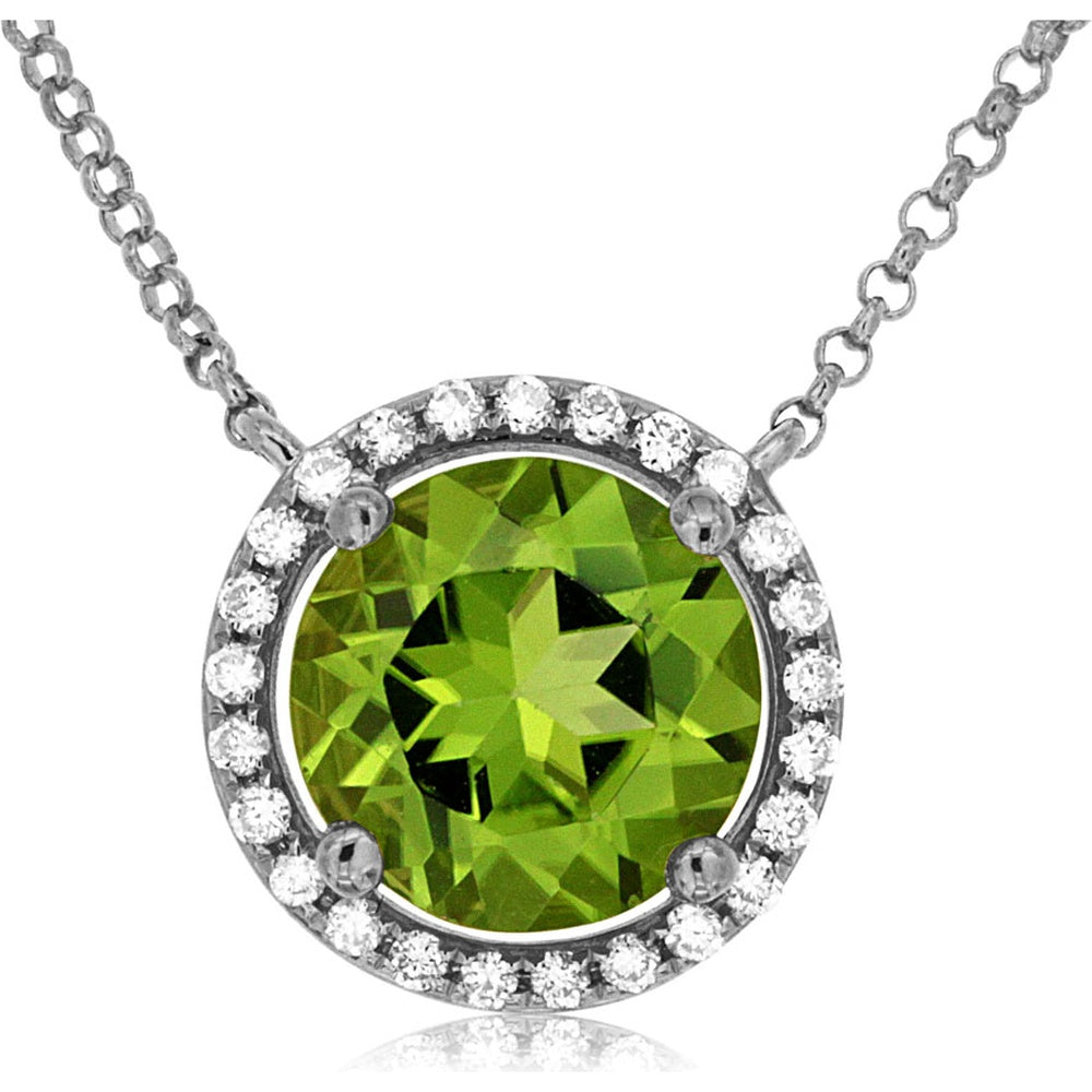 14K White Gold Halo Pendant with Round Cut Peridot and Round Diamond Accents - 2.00 Carat Peridot and 0.14 Carat Total Diamond Weight - Royal Jewelry