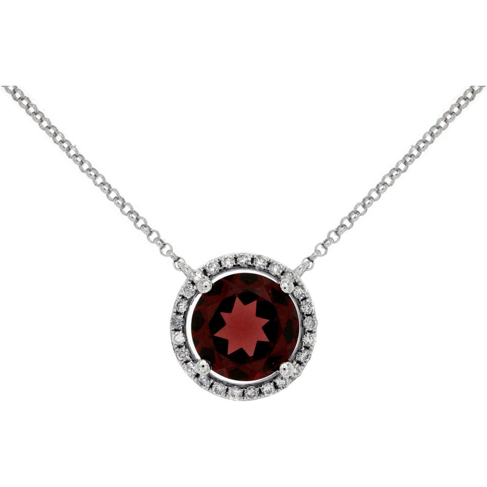 14K White Gold Halo Pendant with Round Garnet and Bead-Set Diamonds - 2.40 Carat Garnet and 0.14 Carat Diamond Total Weight - Royal Jewelry