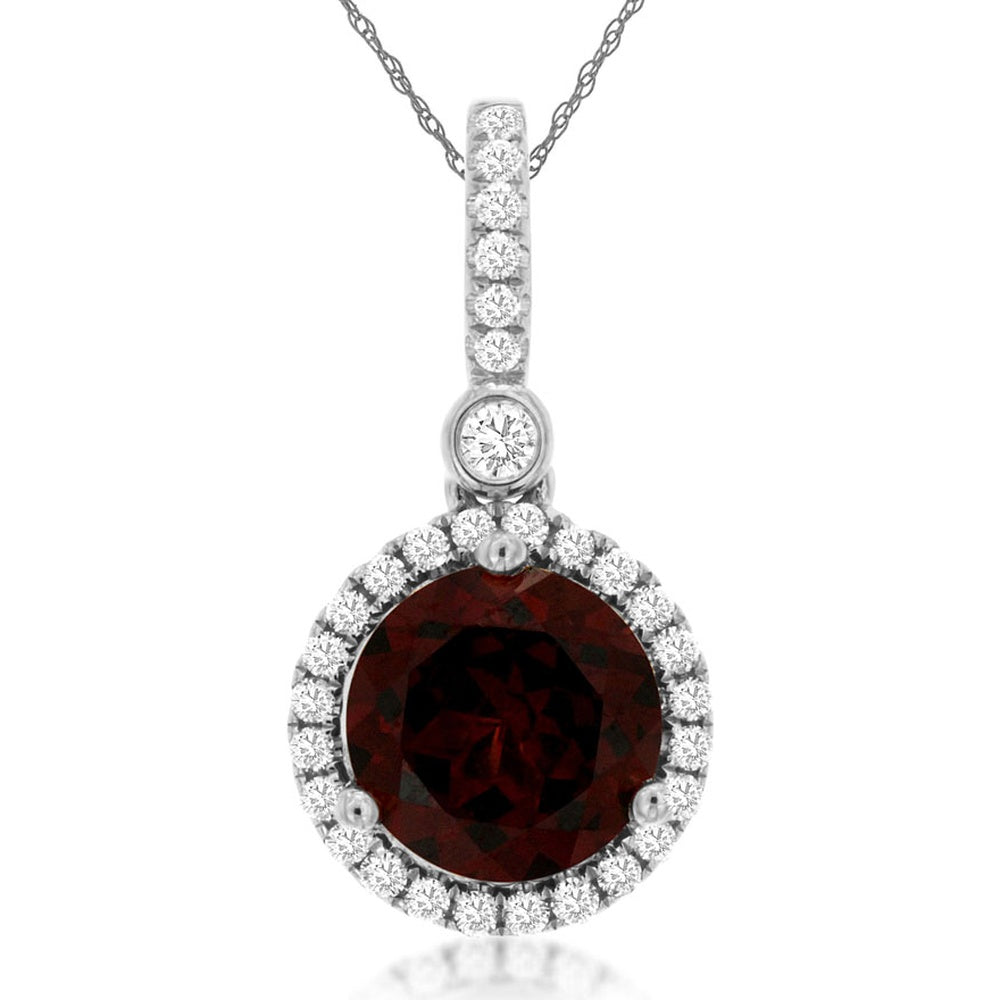 14K White Gold Halo Pendant with Round Garnet and Pavé-Set Diamonds - 1.50 Carat Garnet and 0.18 Carat Total Diamond Weight - Royal Jewelry