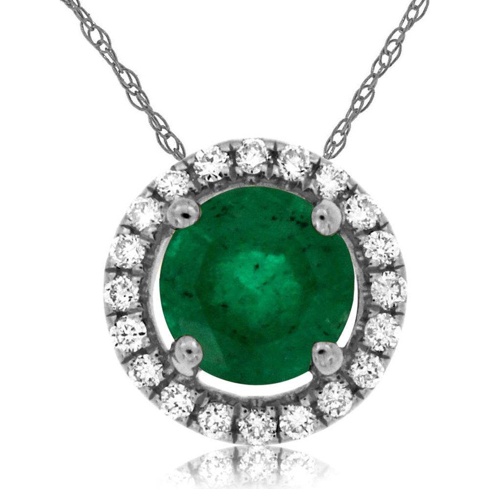 14K White Gold Halo Pendant with Round Natural Emerald and Round Diamond Accents - 0.45 Carat Emerald, 0.08 Carat Diamond Total Weight - Royal Jewelry