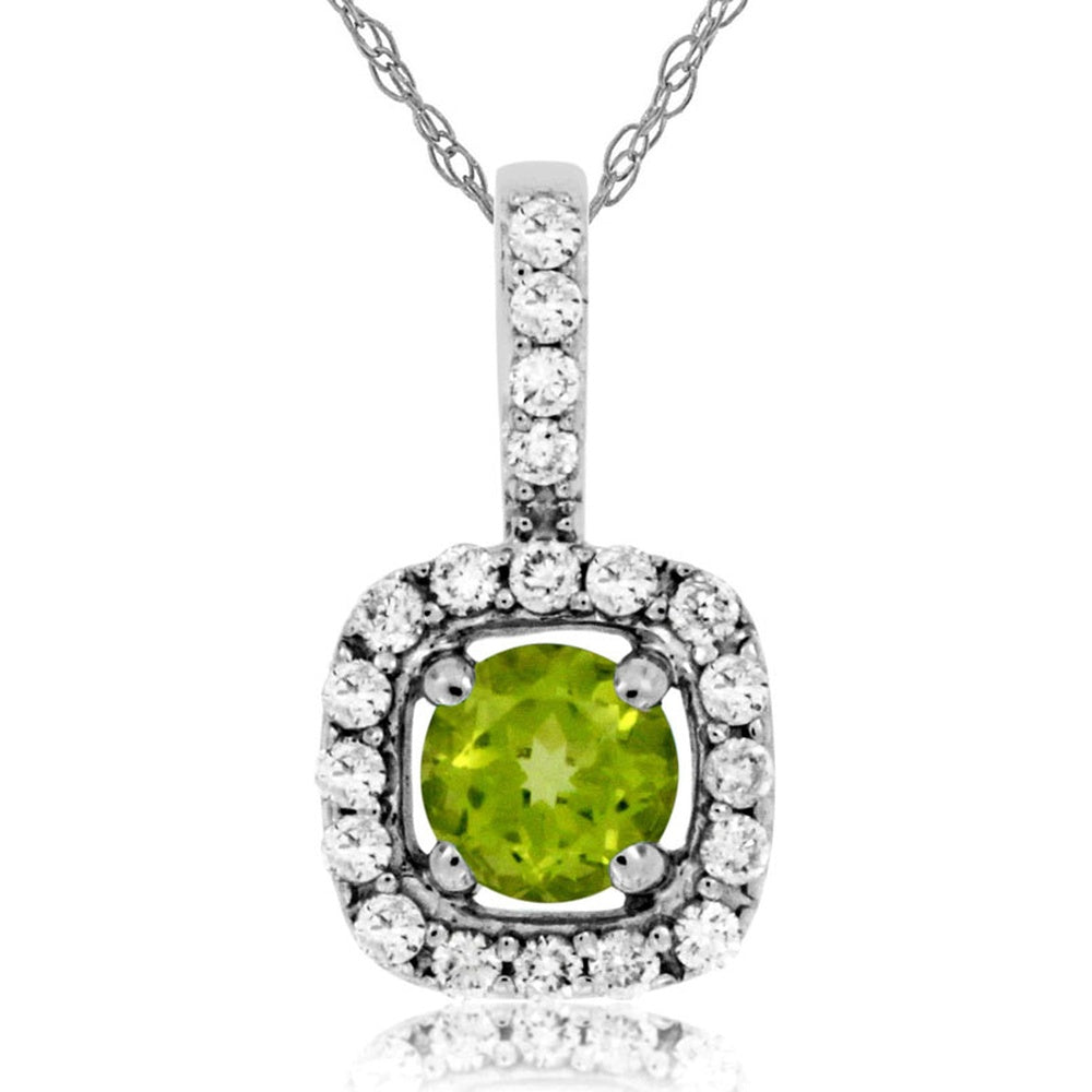 14K White Gold Halo Pendant with Round Peridot and Diamond Accents - 0.30 Carat Peridot and 0.14 Carat Total Diamond Weight - Royal Jewelry