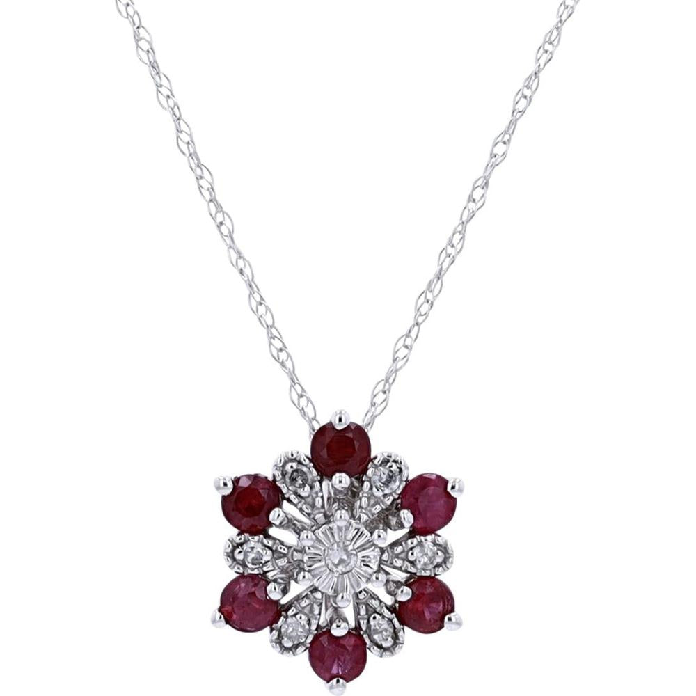 14K White Gold Halo Pendant with Round Rubies and Diamond Accents - 0.05 Carats Total Diamond Weight