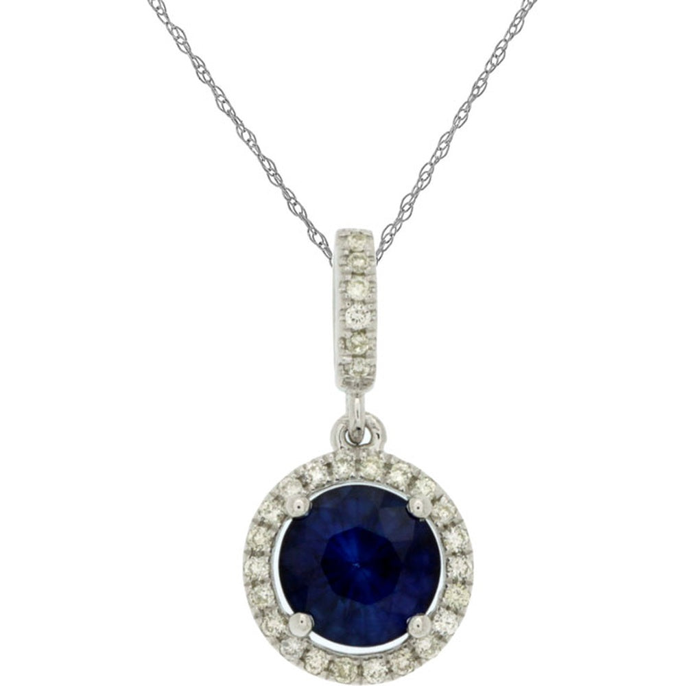 14K White Gold Halo Pendant with Round Sapphire and Diamond Accents - 1.12 Carat Sapphire and 0.11 Carat Total Diamond Weight - Royal Jewelry