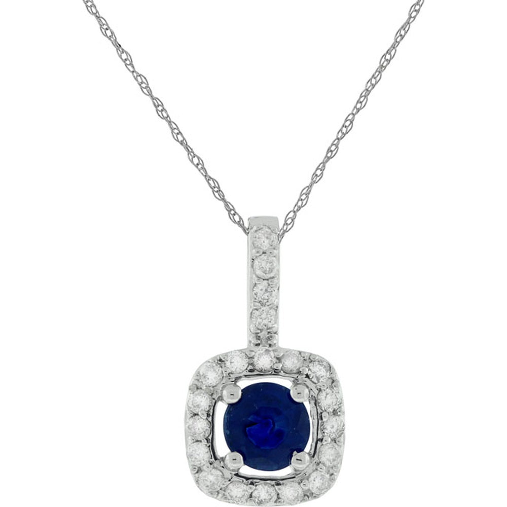 14K White Gold Halo Pendant with Round Sapphire and Pavé-Set Diamonds - 0.35 Carat Sapphire and 0.14 Carat Total Diamond Weight - Royal Jewelry