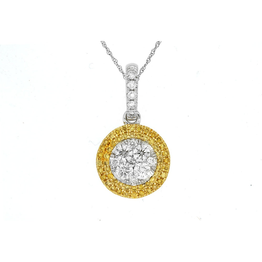 14K White Gold Halo Pendant with Round White Diamond Cluster and Yellow Diamond Accents - 0.50 Carat White Diamond and 0.24 Carat Yellow Diamond Total Weight - Royal Jewelry